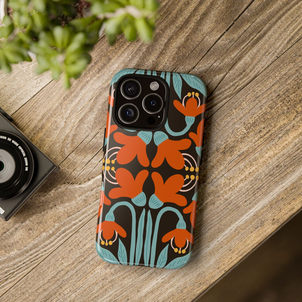 Floral Retro Tough Phone Case - Orange & Teal Pattern