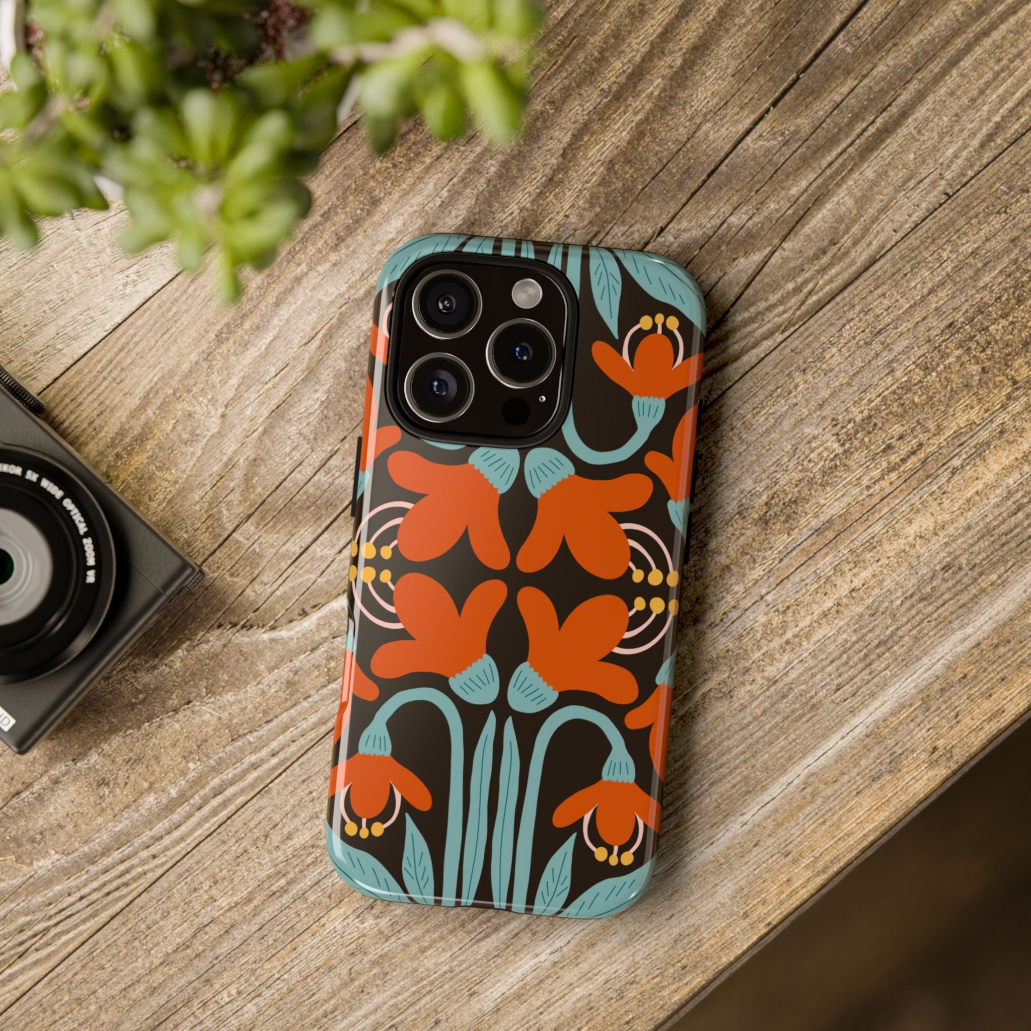 Floral Retro Tough Phone Case - Orange & Teal Pattern