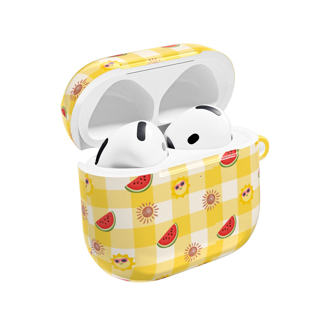 Summer Picnic AirPods Case — Yellow Gingham Watermelon & Sunglasses Sun Design