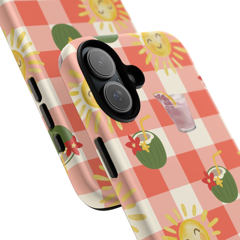 Sunny Picnic Phone Case — Cute Checkered Sun & Coconut Drink iPhone Tough Case