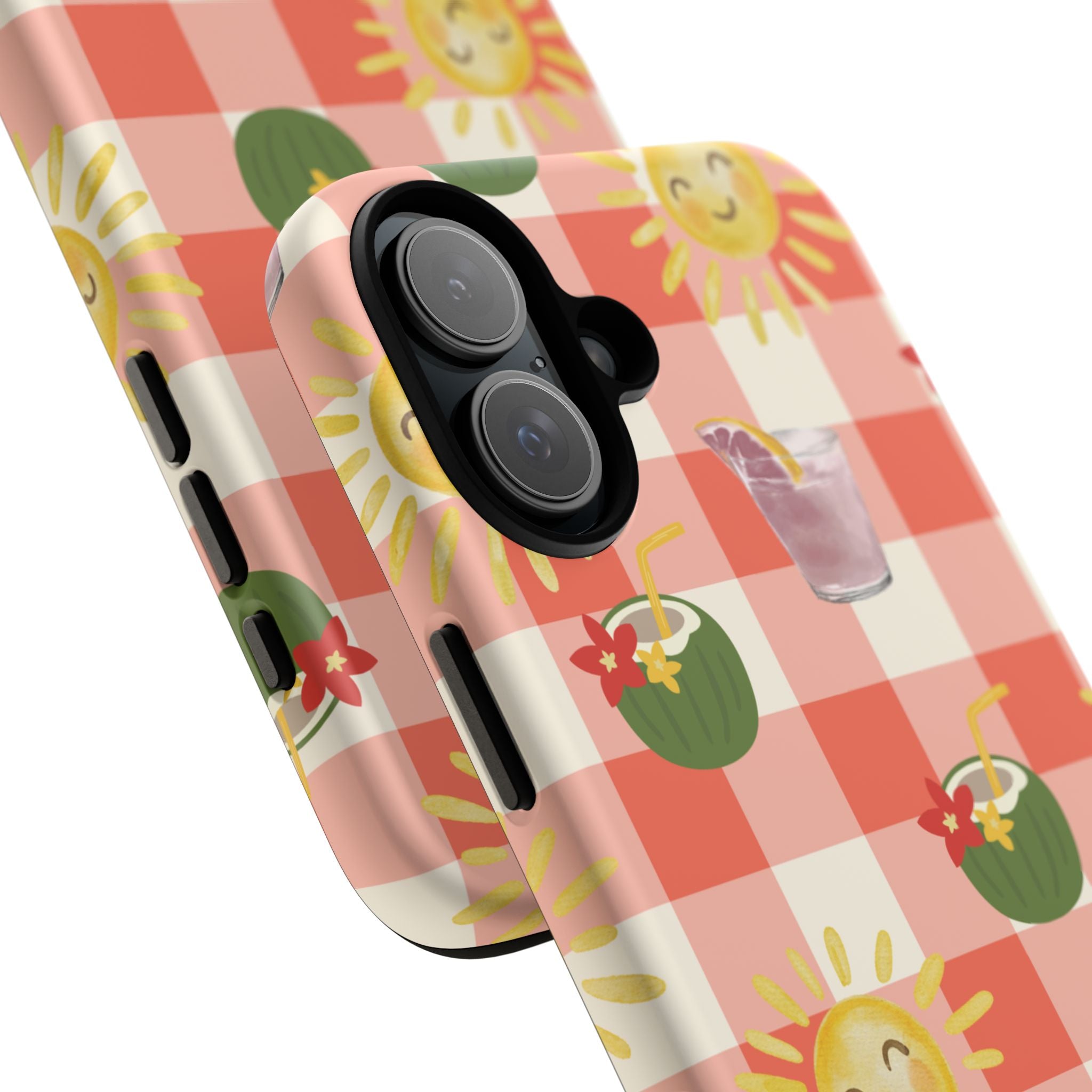 Sunny Picnic Phone Case — Cute Checkered Sun & Coconut Drink iPhone Tough Case