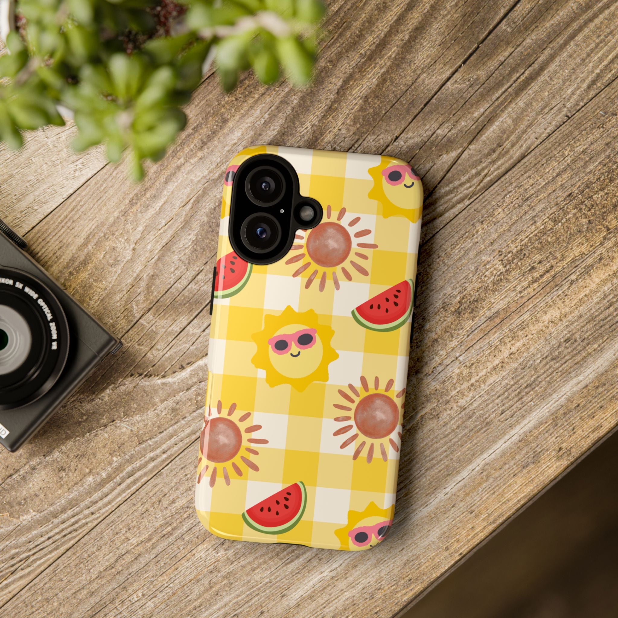 Summer Sun & Watermelon Phone Case — Cute Yellow Check Protective Tough Case