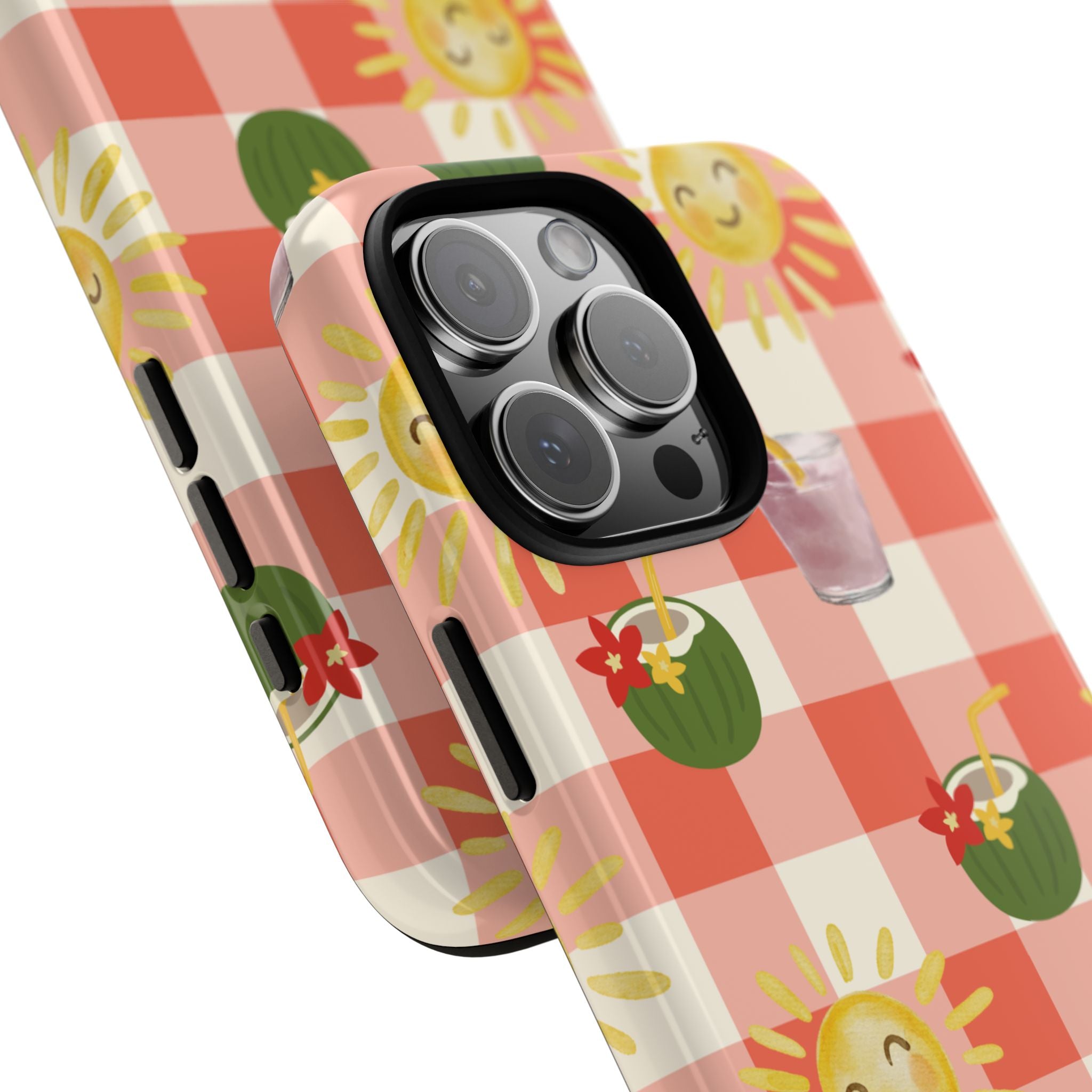 Sunny Picnic Phone Case — Cute Checkered Sun & Coconut Drink iPhone Tough Case