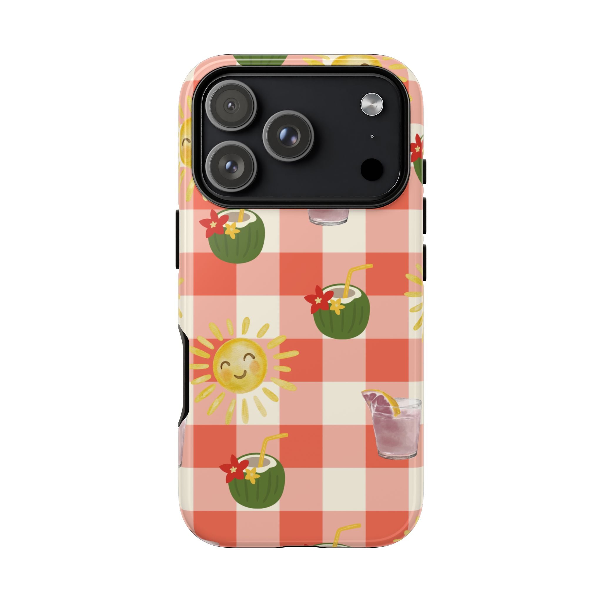 Sunny Picnic Phone Case — Cute Checkered Sun & Coconut Drink iPhone Tough Case