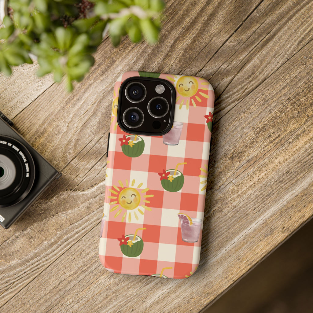 Sunny Picnic Phone Case — Cute Checkered Sun & Coconut Drink iPhone Tough Case