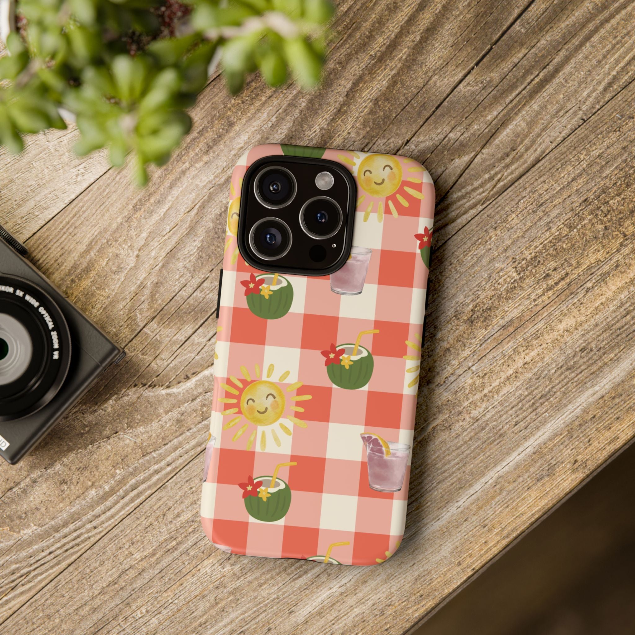 Sunny Picnic Phone Case — Cute Checkered Sun & Coconut Drink iPhone Tough Case
